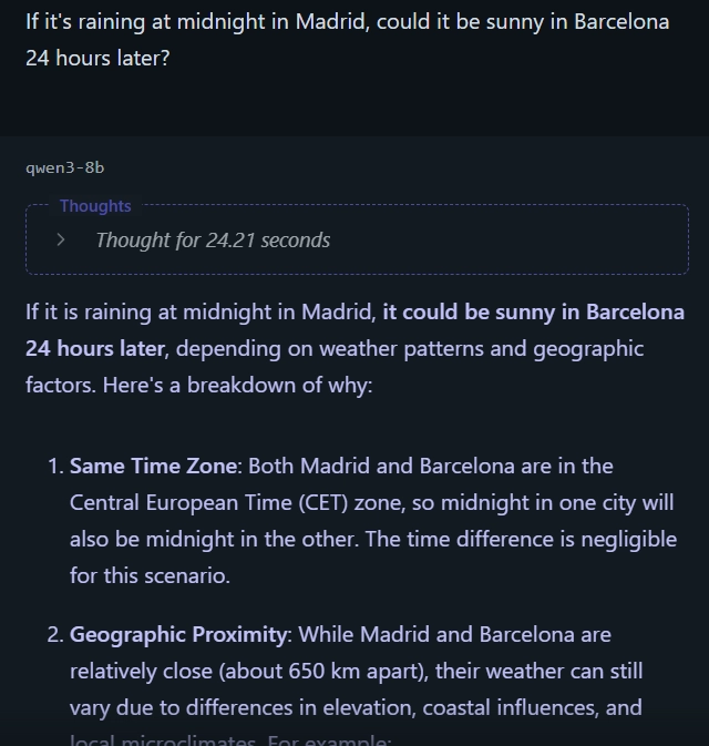 If it’s midnight in Madrid and raining, could it be sunny in Barcelona 24 hours later?